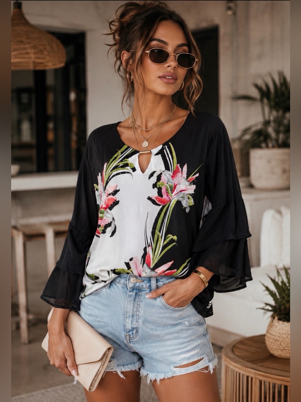 JM Collection Black & White Floral Keyhole Tunic with Pink Accents